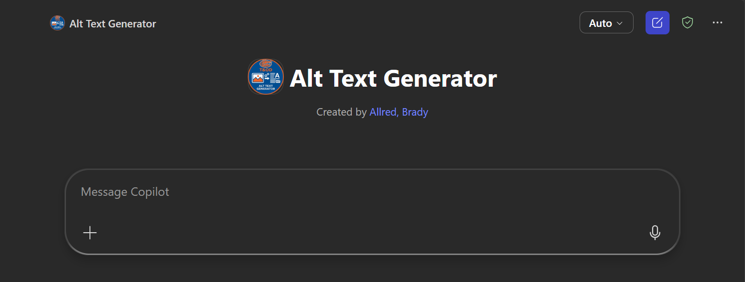 The Alt Text Generator agent's start screen in Microsoft Copilot, with a Message Copilot input box.